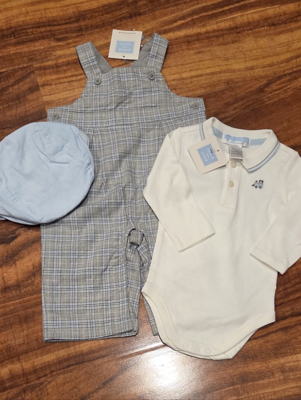 Janie and Jack NWT 3-6 Months Blue/Gray Plaid Overalls, Train Bodysuit & Cap